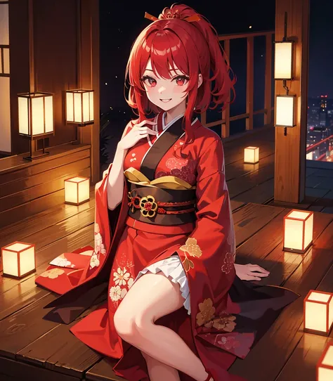 　 red hair 　 red eyes　solo　smile　 laughing　smile　 cute　Mysterious　beautiful　 kimono　and　 kimonoアイドル　Oiran　Japan　Japan 　大andなでしこ　Japan髪　night　good night　