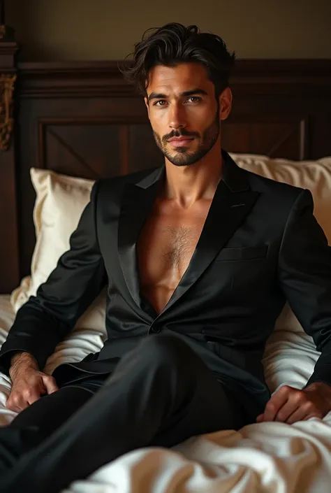 Attractive 30-year-old man wearing satin tuxedo sitting on his face attractive older man wearing satin tuxedo on satin bed