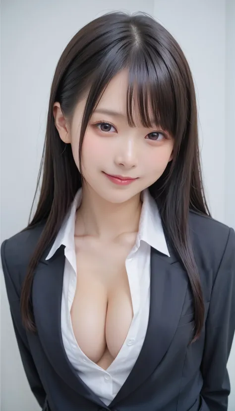 score_9,score_8_up,score_7_up,ultra detailed,absolutely resolution, detailed beautiful face and eyes,hyper realistic,Japanese kawaii college age girl,black hair,straight hair,no make,gleaming skin,school uniform,White shirt,black blazer,embarrassed Smile,b...