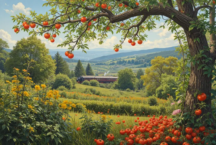  I have a picture of a garden with tomatoes growing on trees,  Concept Art：Van Gogh style, nature, conceptual art , anime   Background Art  ,  anime rural landscape,  beautiful oil painting landscape ,  beautiful animated scene , Van Gogh style景,  oil pain...