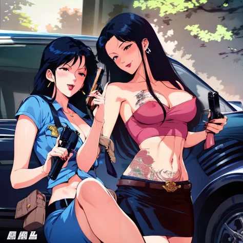 2girl, two girls , source_anime, official art, large breast  , ear piercing, long hair, blush, lipstick,Hot girl, baddie, smoking, sensual, attractive ,masterpiece, best quality, highly detailed, a anime girl in police uniforms , police outfit, military ou...