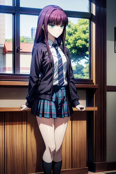  blazer uniform,赤 purple hair, green eyes, eyes like jewels, super high resolution, ((( green eyes))),赤 purple hair, beautifulアニメ高校の女の子,(Masterpiece:1.2, 最  high quality ), ( is present, photo is present:1.4),  beautifulイラスト, (  natural light , Movie Scree...