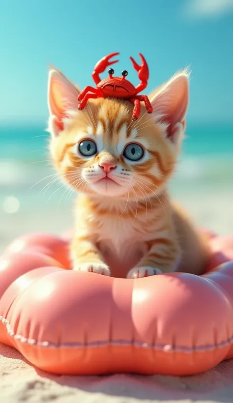 kitten ,                         BRIGHT                ,     cute blue eyes                         ,        (      go inside a large floral float)         ,     hand against the wall,               beach background         ,       賑やかな beach background ,,...