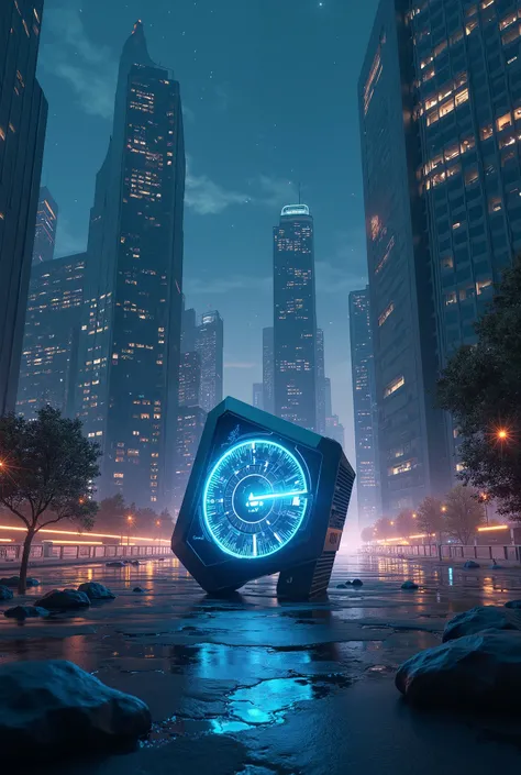 The clock of the future against the backdrop of skyscrapers at night