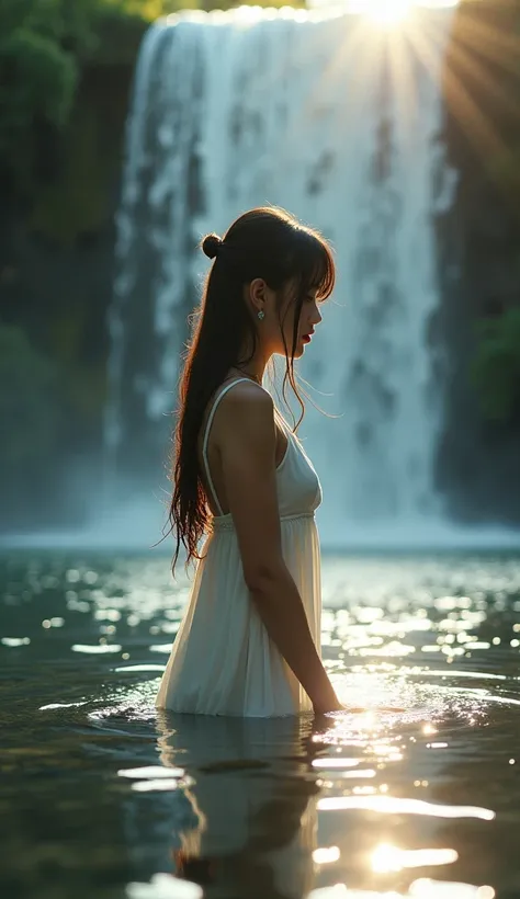  Japanese　 Scared　Bathing in a waterfall　　Sayaka Yamamoto　((best quality)), ((masterpiece)), (detailed), (realistic). Erotic cute Beautiful Japanese Innocent young woman long Straight hair with wear Simple long white dress smile Came love to me in the bed ...