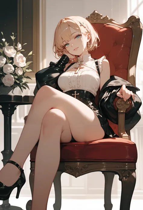  1 girl,Lifeland, sitting, Cross Legs,chair