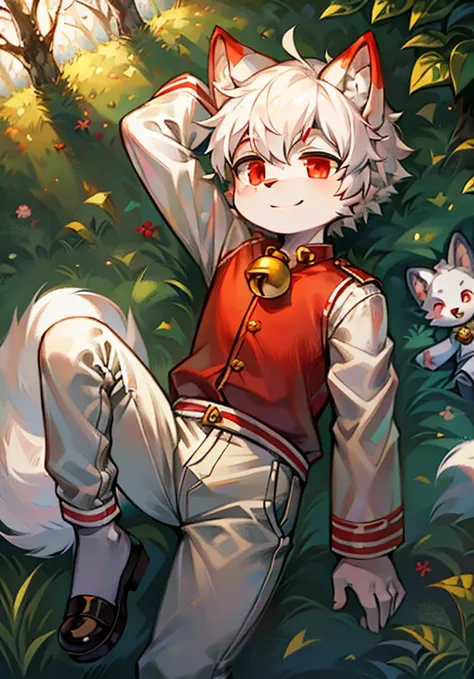 forest， short hair，White hair， red eyes，Bell，child，Smile， without spots ，Cubs， white fur everywhere ， Wolf Ears ，Wolf type ， and the big, fluffy tail， masterpiece， High Quality Portrait ，doll，Cub Scout ，Ghost boy ，wind， white clothes together，White pants， ...