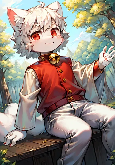 forest， short hair，White hair， red eyes，Bell，child，Smile， without spots ，Cubs， white fur everywhere ， Wolf Ears ，Wolf type ， and the big, fluffy tail， masterpiece， High Quality Portrait ，doll，Cub Scout ，Ghost boy ，wind， white clothes together，White pants， ...