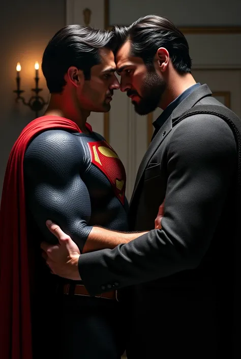 Clark Kent being kissed by Bruce Wayne