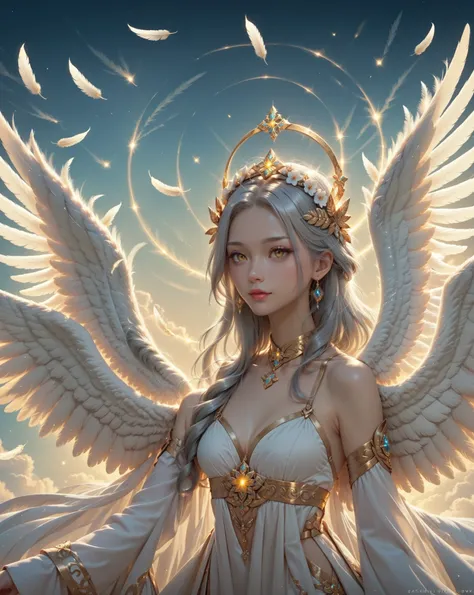 A majestic angel with ((six large spiritual wings)) glows softly with (a divine aura). The female angel has a serene expression with golden eyes, a beautiful feather headdress on her head, and silver hair flowing down her back.