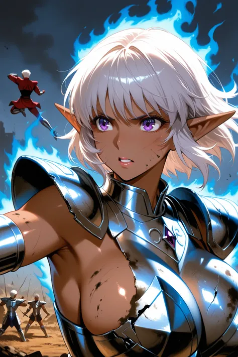 score_9,score_8_up,score_7_up,(masterpiece), ( best quality), １Dark Elf Fighting Girl , Dark Skin Tone,  silver hair, short hair, purple eyes, bangs ,huge breasts , ((Skin is dirty with soot)) , Girl in Crested Shiny and beautiful ruby armor, metallic red ...