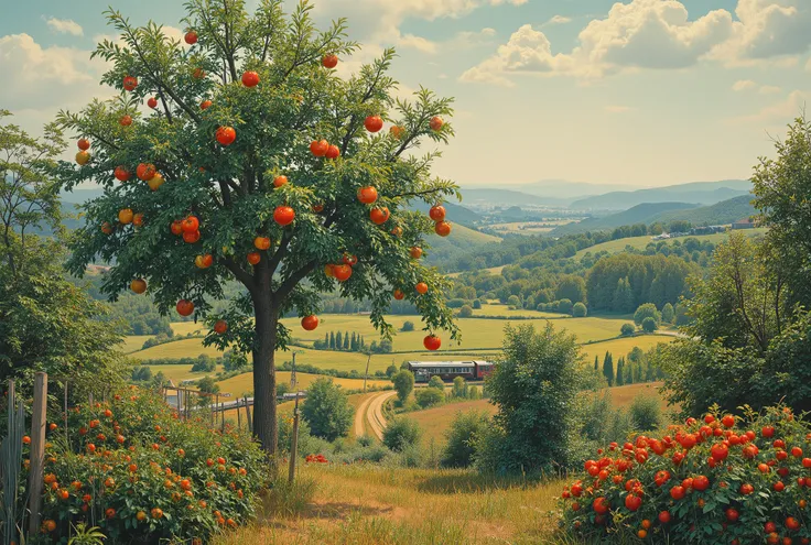  I have a picture of a garden with tomatoes growing on trees,  Concept Art：Van Gogh style, nature, conceptual art , anime   Background Art  ,  anime rural landscape,  beautiful oil painting landscape ,  beautiful animated scene , Van Gogh style景,  oil pain...