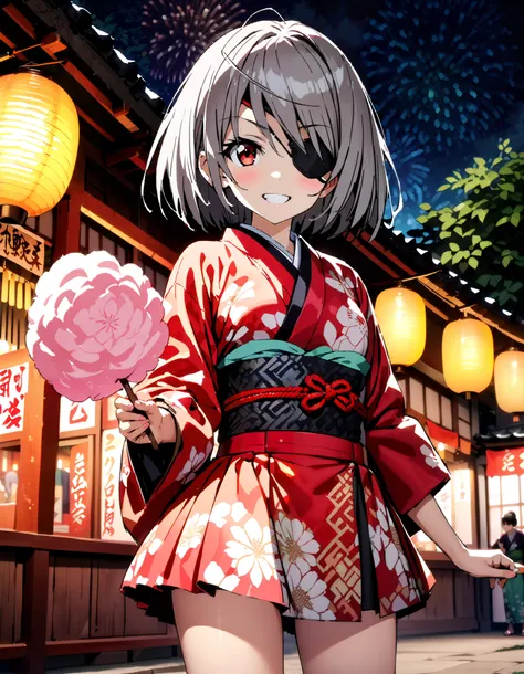 Laurabodewig,   Laura Bodevich  ,  red eyes,  Grey Hair , Eye patch,smile,blush, grin , bun hair,Black flower pattern kimono, miniskirt,Bare legs, holding a stick with cotton candy on it with one hand, standing,Fireworks in the night sky, fireworks,The tim...