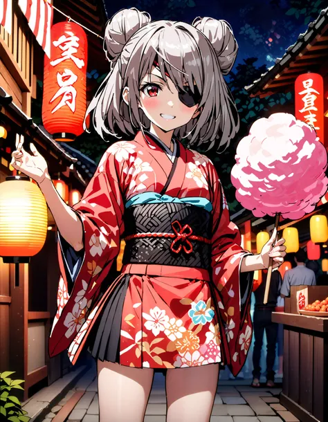 Laurabodewig,   Laura Bodevich  ,  red eyes,  Grey Hair , Eye patch,smile,blush, grin , bun hair,Black flower pattern kimono, miniskirt,Bare legs, holding a stick with cotton candy on it with one hand, standing,Fireworks in the night sky, fireworks,The tim...