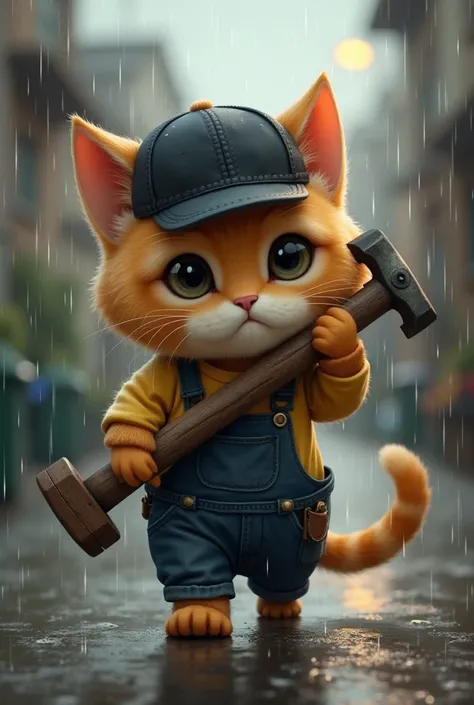 A cute cat works as a handyman while carrying a hammer to work during the rain feels sad wearing a black hat worthy of his handyman 