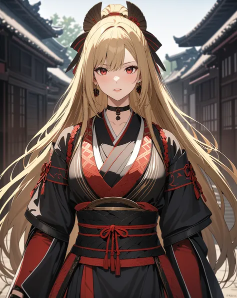  Edo period, samurai, warrior, kitagawa marin, whole body,  1girl , blonde hair, long hair, multicolored hair, red eyes, jewelry, earrings, piercing, black choker, masterpiece:1.5, masterpiece, highest quality, UHD, retina, masterpiece, accurate anatomy, s...