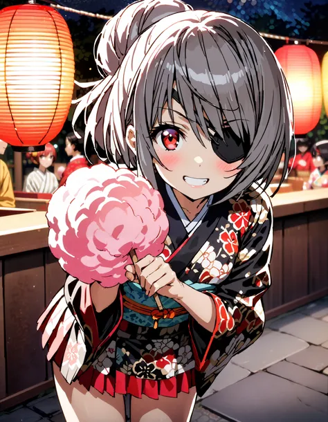 Laurabodewig,   Laura Bodevich  ,  red eyes,  Grey Hair , Eye patch,smile,blush, grin , bun hair,Black flower pattern kimono, miniskirt,Bare legs, holding a stick with cotton candy on it with one hand, standing,Fireworks in the night sky, fireworks,The tim...