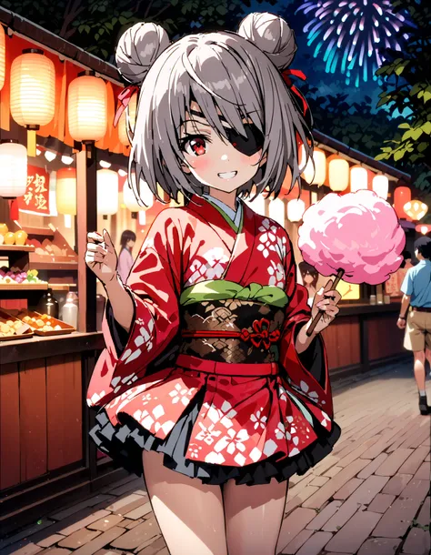 Laurabodewig,   Laura Bodevich  ,  red eyes,  Grey Hair , Eye patch,smile,blush, grin , bun hair,Black flower pattern kimono, miniskirt,Bare legs, holding a stick with cotton candy on it with one hand, standing,Fireworks in the night sky, fireworks,The tim...
