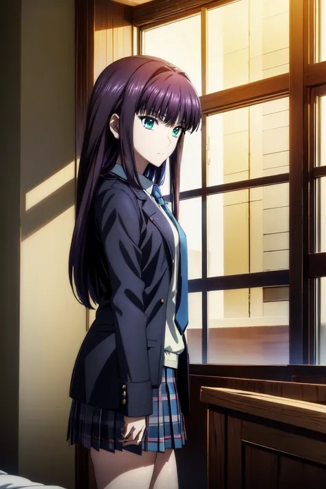  blazer uniform,赤 purple hair, green eyes, eyes like jewels, super high resolution, ((( green eyes))),赤 purple hair, beautifulアニメ高校の女の子,(Masterpiece:1.2, 最  high quality ), ( is present, photo is present:1.4),  beautifulイラスト, (  natural light , Movie Scree...