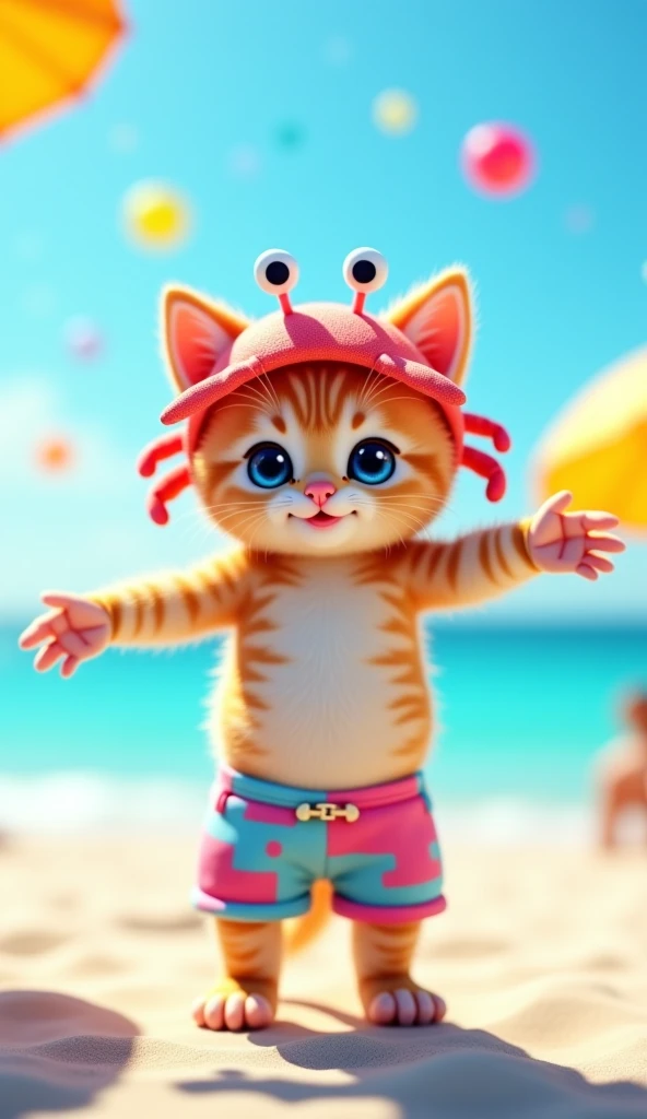 kitten ,                         BRIGHT                ,     cute blue eyes                         ,        (     colorful floating objects on the background、Outstretched hands and legs 、 with a crab on its head  )         ,    cute swimming shorts ,     ...