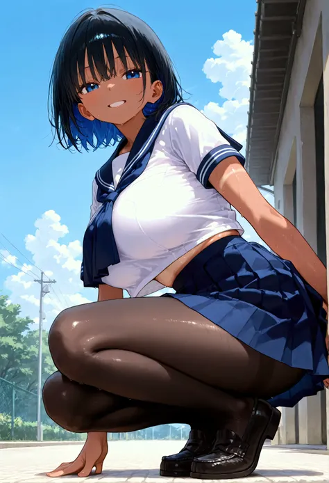 Outdoors、 crouch、 girl{ black hair、 very short、 blue inner color、 big breasts、Sunburn、Dark Skin、A smile that is planning something、 sailor suit、Summer clothes、 that holds the knee and rolls、 black pantyhose、 loafers 、}、
