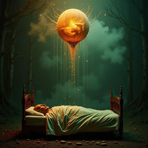 dark surrealist artwork style of a  post mortem on a bed is transcending and multiples visions are happening like a ballon above, showing different realities, cinematics colors, lights and shadows on high contrast, dark green, dark blue, dark red, brown, g...