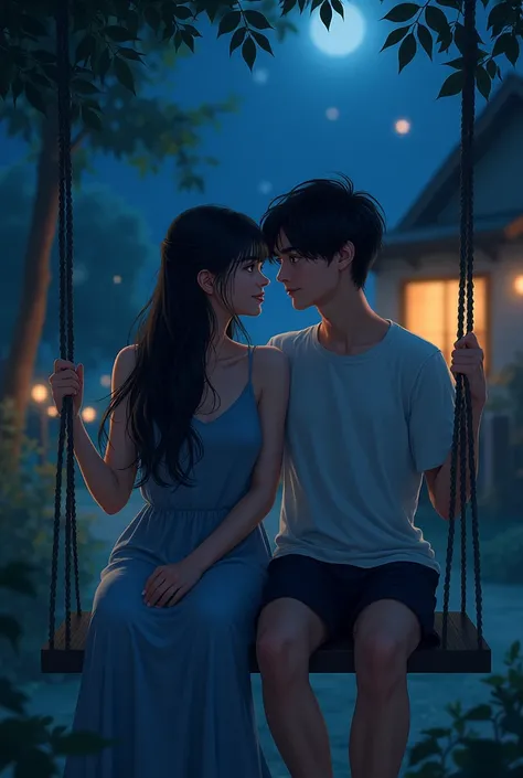 Make an art of a girl with wavy black hair and blue eyes sitting on a swing with a guy with medium black hair with light brown eyes, It's nighttime and there's a house in the background 