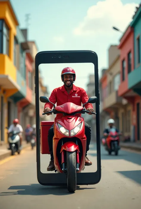 Create a hyper realistic image of A creative image of a handsome fear African delivery man riding a sleek red delivery motorcycle coming out from a very big Mobile phone in Lagos, Nigeria. Inside the phone is 
The scene shows the vibrant streets of Lagos w...