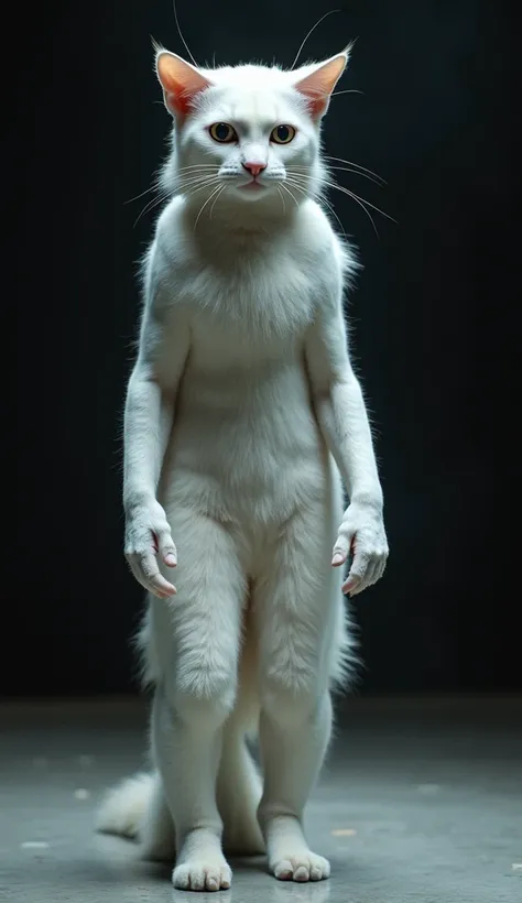 The transformation completes, revealing the final form of the humanoid animal. The creature retains the beauty and grace of the British young woman, combined with the feline elegance of the white giant cat. She stands tall, her expressive eyes a blend of h...