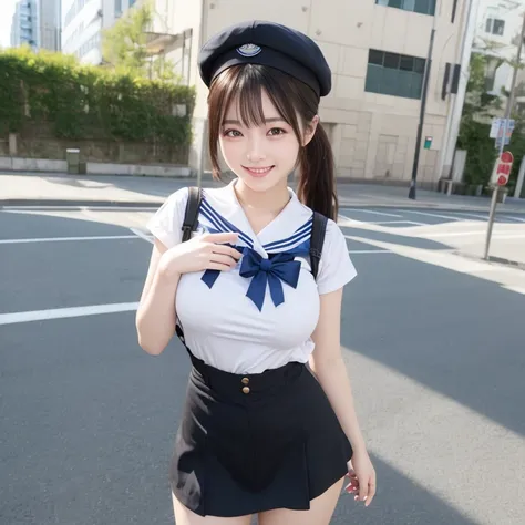  ( masterpiece ,  BEST QUALITY)( 1 girl),  alone, (  ponytail :1.1), smile, blue beret、(赤いSailor服) Sailor、  very big breasts.