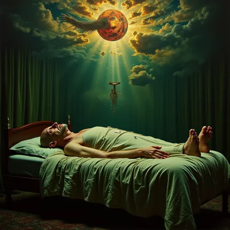 dark surrealist artwork style of a  post mortem on a bed is transcending and multiples visions are happening above, showing different realities, cinematics colors, lights and shadows on high contrast, dark green, dark blue, dark red, brown, golden dark yel...