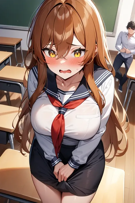  (1woman, 25 years old,  yellow eye, orange brown hair, long hair,  Bangs Between Eyes , bitch , embarrassed ,large breasts , serafuku ,clothed, boy shirt tug), (1boy, 28 years old ,black hair ,handsome man, embarrassed,  toned, teacher) ,couple , classroo...