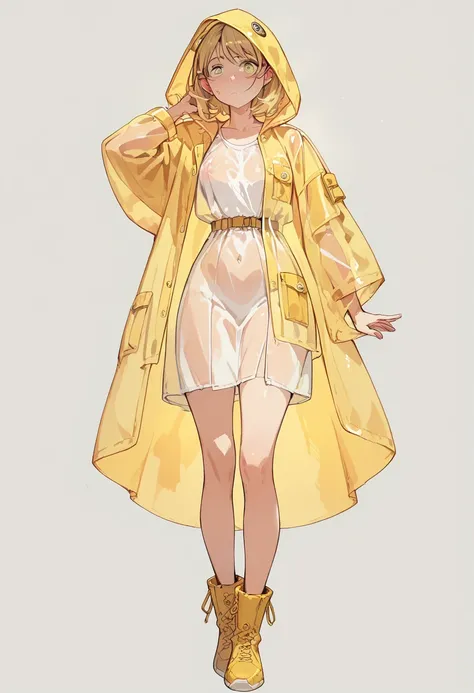 pt、 see-through yellow raincoat, I'm hiding my face with a hood,Yellow Boots,I can't see because of the hood