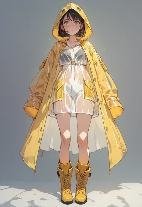 pt、 see-through yellow raincoat, I'm hiding my face with a hood,Yellow Boots,I can't see because of the hood