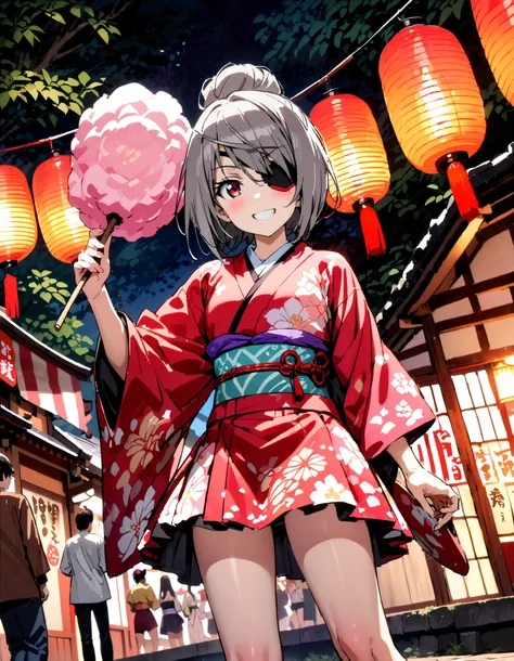 Laurabodewig,   Laura Bodevich  ,  red eyes,  Grey Hair , Eye patch,smile,blush, grin , bun hair,Black flower pattern kimono, miniskirt,Bare legs, holding a stick with cotton candy on it with one hand, standing,Fireworks in the night sky, fireworks,The tim...