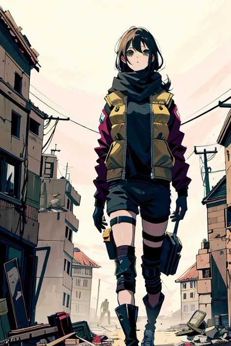 masterpiece,  top quality,  high resolution,  rich details , 8k,  extreme light and shadow ,  image of a beautiful young woman in yellow tactical gear, dirty and dusty ,  walking down the ruined streets of a collapsed city ,  post-apocalypse,  Aerial smoke...