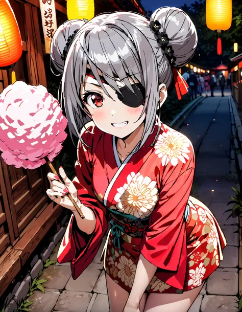 Laurabodewig,   Laura Bodevich  ,  red eyes,  Grey Hair , Eye patch,smile,blush, grin , bun hair,Black flower pattern kimono, miniskirt,Bare legs, holding a stick with cotton candy on it with one hand, standing,Fireworks in the night sky, fireworks,The tim...