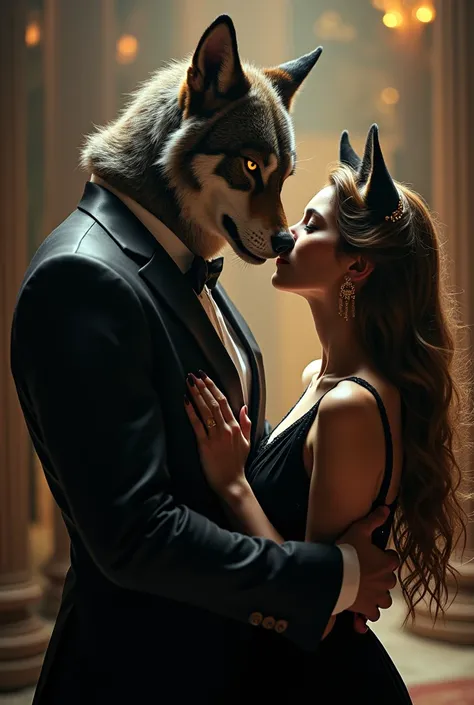 A strong man with the head of a wolf, Dressed in dress clothing on the side hugging a beautiful woman with the head of a wolf, Dressed in dress clothes