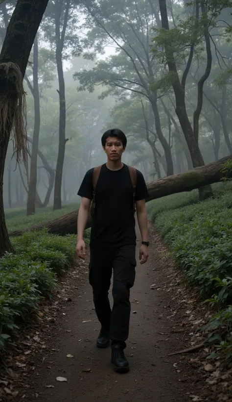 A man walking in the middle of a thick and frightening forest, dark and quiet forest, foggy, full of bushes and a mossy fallen tree, many roots of trees hanging, he wears black shirts and black cargo pants, he wears black shoes and brown bags, black hair c...