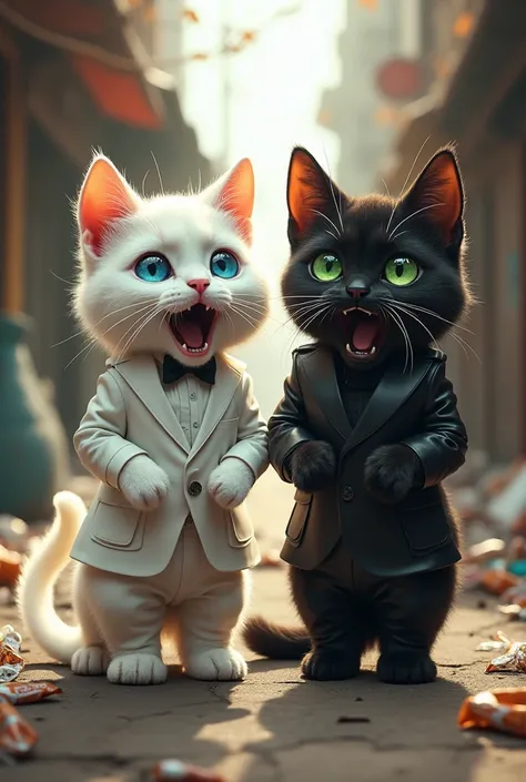 "Two anthropomorphic cats, one white with sparkling fur, bright blue eyes, and a stylish white suit, and the other black with piercing green eyes and a sleek black leather outfit. Both cats have shocked expressions, their mouths wide open in amazement, wit...