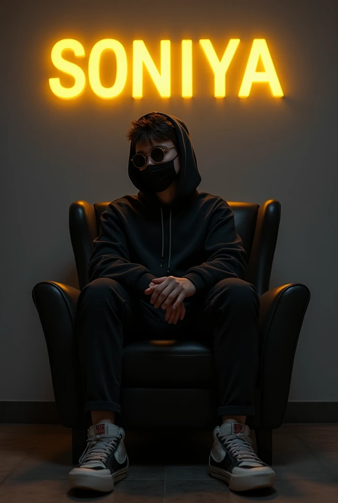 ----------------------------------
" Create a 3D illusion for a profile picture where a 25 Year old cute girl in a black hoodie Sitting casually on a Wingback chair. Wearing sneakers, with black mask, and sunglasses, he looks ahead. The background features...