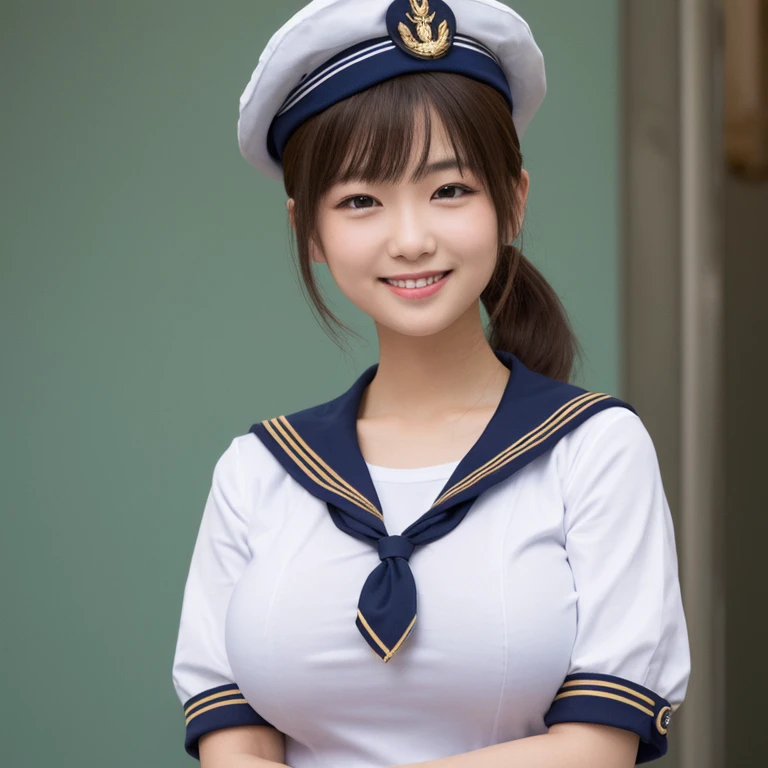  ( masterpiece ,  BEST QUALITY)( 1 girl), (  ponytail :1.1), smile, blue beret、(赤いSailor服) Sailor、  very big breasts.