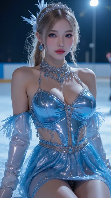  1 girl 、Blonde Beauty on Ice :1.2、masterpiece、 top quality、 Shiny Blue Skate Dress with Rubber Accents:1.3、 big breasts、solo、 Wicked Confident Smile :1.1、 Impressive Makeup with Glowing Blue 、 Metallic White Gloves 、 Dramatic Backless Design 、 Ice Skates ...