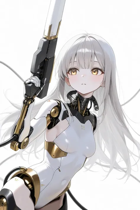 (highest quality, background detail), highest quality, original detailed dynamic art, (golden eyes), image from waist up, inorganic expression, inorganic gaze, detailed mechanical joints, reinforced exoskeleton, white leotard, white skin, gray hair, long h...