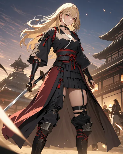  Edo period, samurai, warrior, Swordsman,  Japanese sword, kitagawa marin, whole body,  1girl , blonde hair, long hair, multicolored hair, red eyes, jewelry, earrings, piercing, black choker, masterpiece:1.5, masterpiece, highest quality, UHD, retina, mast...