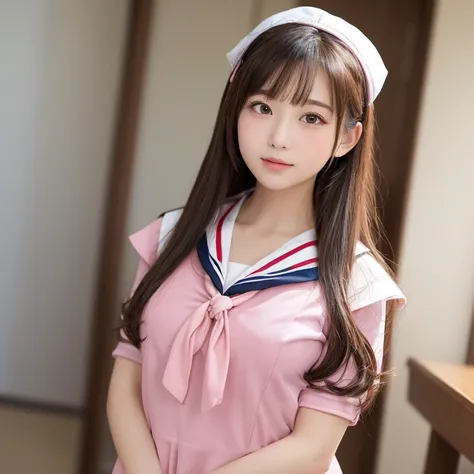 アイドルのような日本 woman ,((１ woman)),  long brown hair ,  ponytail , Round face ,((  bust up 、 pink sailor suit ,  As shown in the picture  ,    High School 、 natural pose