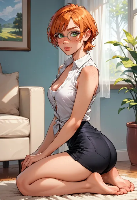 score_9, score_8_up, score_7_up, source_cartoon, uncensored, masterpiece, best quality, high detail, shadow, volumetric lighting, dappled sunlight, NM_SiliconValerie, solo, 1girl, short hair, orange hair, freckles, green eyes, perfecteyes, lips, glasses, (...