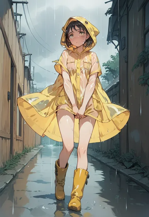 pt、 see-through yellow raincoat, I'm hiding my face with a hood,Yellow Boots,I can't see because of the hood,rain boots,Are all the buttons on the raincoat closed,Girl holding nata in both hands