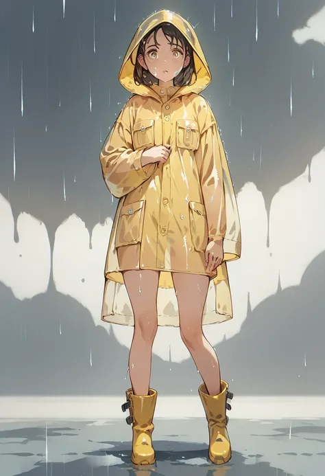 pt、 see-through yellow raincoat, I'm hiding my face with a hood,Yellow Boots,I can't see because of the hood,rain boots,Are all the buttons on the raincoat closed,Girl holding nata in both hands