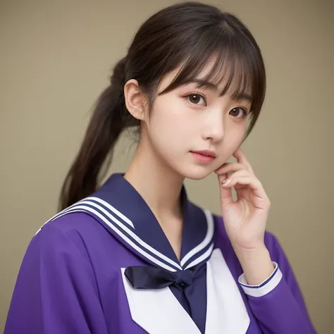 アイドルのような日本 woman ,((１ woman)),  long brown hair , ( ponytail ), Round face ,((  bust up 、 purple sailor suit  ,  As shown in the picture  ,    High School 、 natural pose